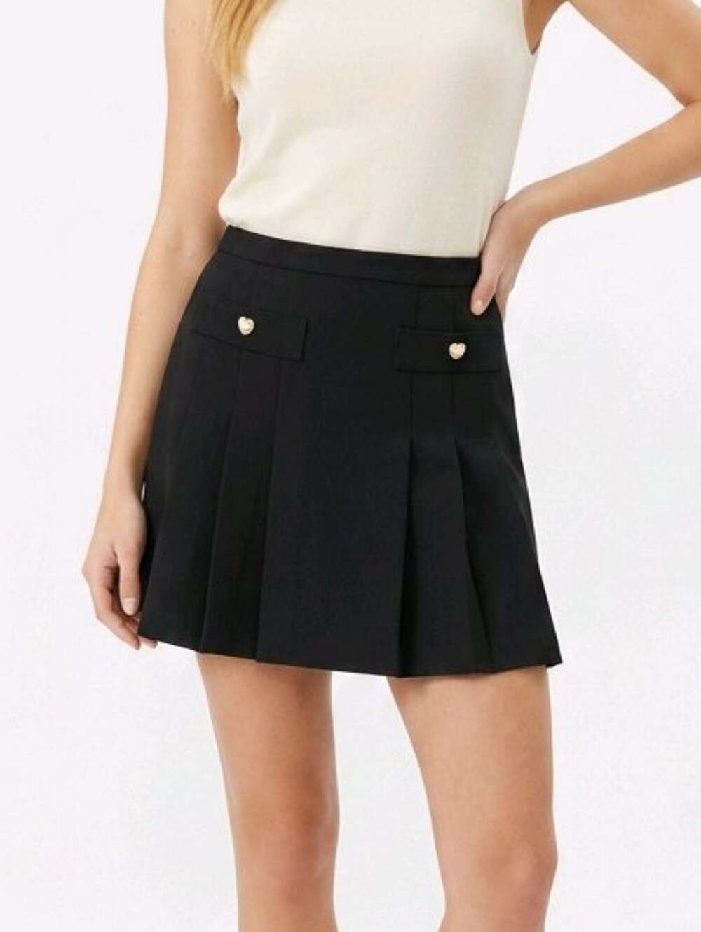 CeCe Black Pleated Skirt with Heart Button